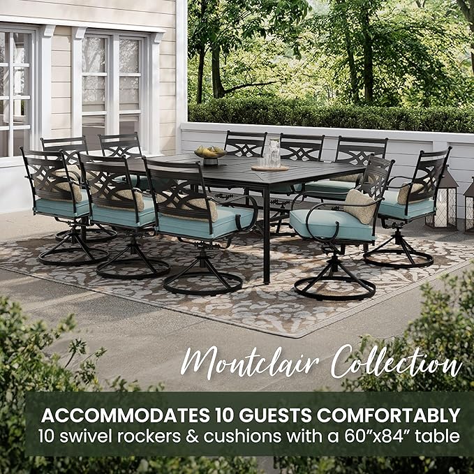 Hanover Montclair 11-Piece Patio Dining Set with 10 Swivel Rocker Chairs, Accent Lumbar Pillows and 84"x60" Steel Stamped Rectangular Table, Large Outdoor Patio Dining Set for 10, Ocean Blue