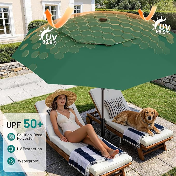 AreShark 11ft 2 Tiers Patio Umbrella - Outdoor Umbrella Waterproof UV Protection, Market Table Umbrella w/ 8 Sturdy Ribs&Crank for Pool, Porch, Garden(Dark Green)