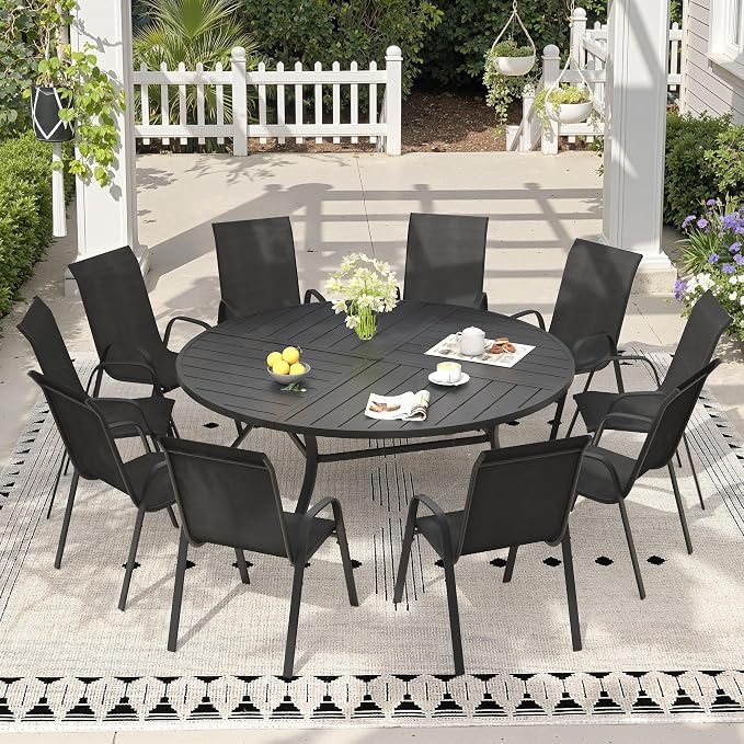 11 Pieces Outdoor Dining Set, 63.1" Spliced Patio Table with Umbrella Hole & Stackable Outdoor Dining Chairs, Patio Furniture Set for Deck Garden Porch, Black Chairs & Black Table