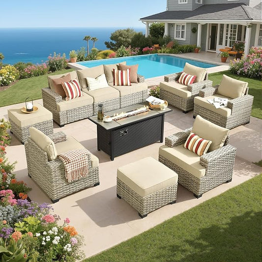 Rattan Patio Furniture Set with Fire Pit,10 Pieces Outdoor Sectional with Single Chair Ottoman,Out Door Furniture Conversation Set,Beige