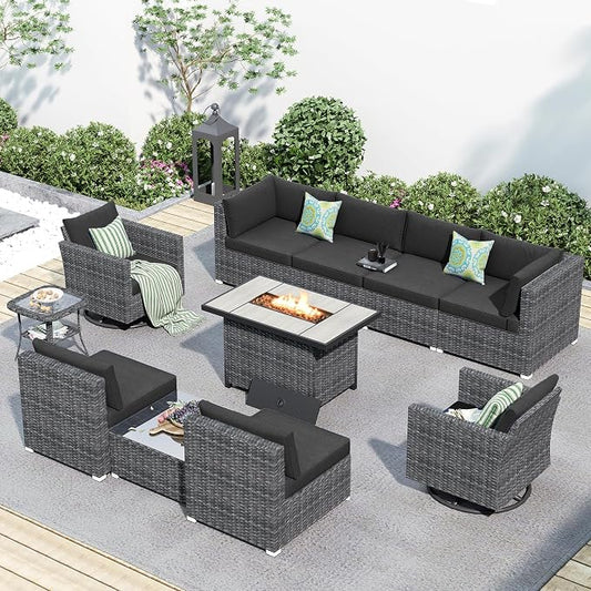 HOOOWOOO 11 Piece Patio Sectional Furniture Set with Fire Pit Table,Modern Wicker Outdoor Conversation Sofa Sets,Weather Resistant Modular L Shaped Outside Couch Swivel Chair Set(Black)