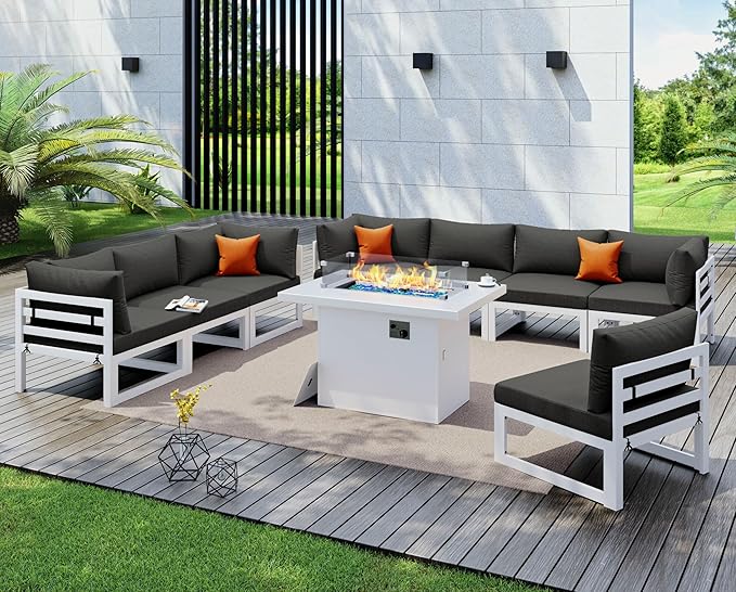 NICESOUL 8 Person Modern Aluminum Outdoor Patio Furniture Set with Fireplace, 29" Wide Deep Seating, Water Resistant L Shaped Sectional Couch, Large Conversation Set for Backyard Terrace, Dark Gray