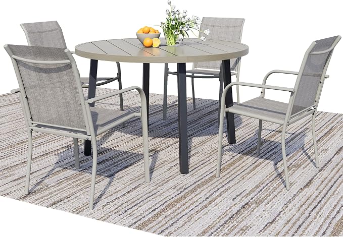 5-Piece Patio Furniture Set, Patio Table and Chairs Set of 4, Ivory Round Patio Table and Grey Chairs, Patio Furniture Set for Garden, Yard, Patio