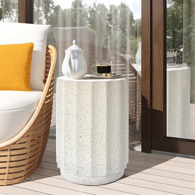LuxenHome Outdoor Side Table, 18 Inch Cement End Tables for Patio, Garden Small Accent Decorative Stool, Tree Stump Stool Plant Stand Drum Table