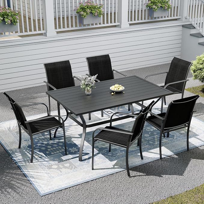 Patio Dining Set,Including 60"x 38" Steel Slat Dining Table and 6 Stackable Patio Chairs,Outdoor Furniture Set with 1.6" Umbrella Hole for All Weather