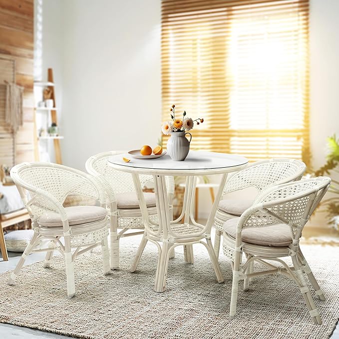 3 Pcs Pelangi Rattan Wicker Dining Set Round Table Glass Top and 2 Arm Chairs with Cream Cushion, White Color
