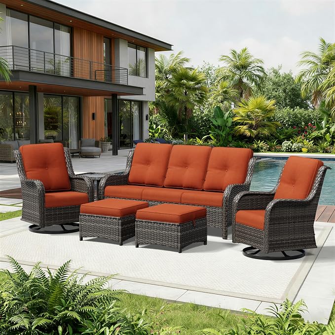 Joyside 6 Piece Wicker Patio Furniture Set, Outdoor Swivel Rocker Patio Chairs with High Back, Deep Seating, Wide Armrest, Thickened Cushions, Outdoor Furniture for Deck, Porch Use