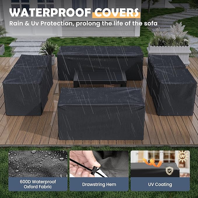 Amopatio Aluminum Patio Furniture Set, 10 Pieces Modern Patio Conversation Sets, Outdoor Sectional Metal Sofa with Coffee Table for Balcony, Garden, Dark Grey&Blue (Included Waterproof Covers)