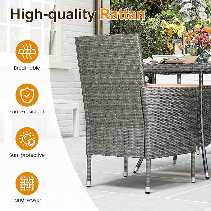 Wisteria Lane Patio Dining Sets for 4, All Weather Rattan Outdoor Table and Chairs with Acacia Wood Tabletop, Patio Dining Furniture with Removable Cushions for Deck Garden, Backyard, Gray