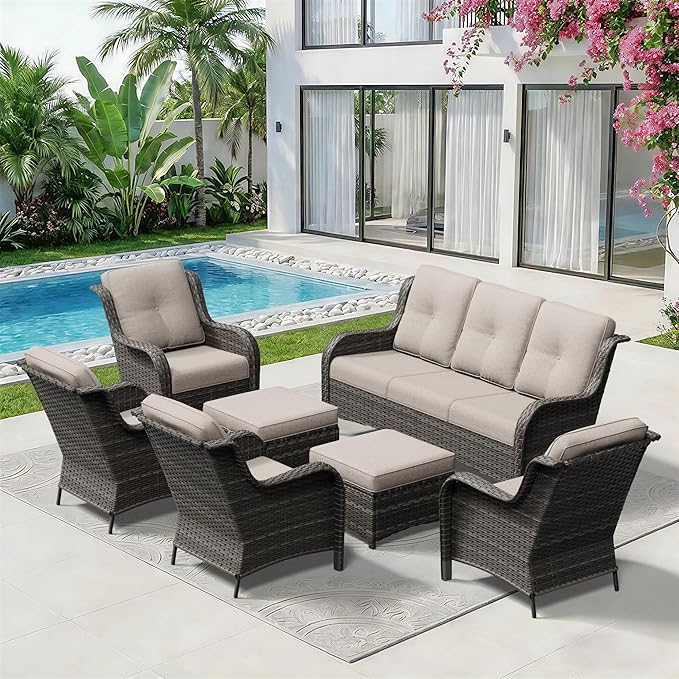 7 Piece Outdoor Wicker Patio Furniture Set, Patio Chairs Set with Thickened Olefin Cushions, High Back and Deep Seating, Hand-Woven PE Rattan, Ottoman for Porch, Deck
