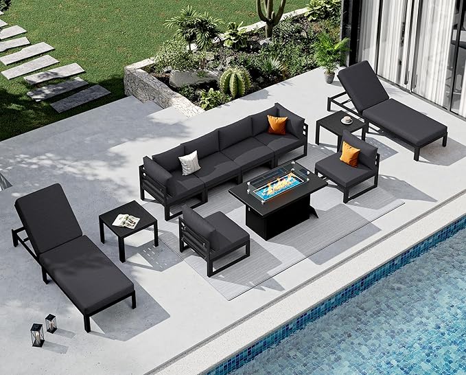 NICESOUL Aluminum Patio Furniture Set with Chaise Lounge & Firepit, 11 Piece Large Modular Outdoor Sectional Couch, 29" Deep Wide Seating, 500 lbs Heavy Duty Conversation Sofa for Deck, Dark Gray