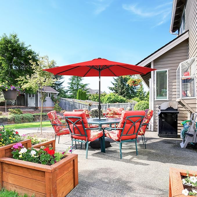 Sundale Outdoor 9FT Patio Umbrella with Sand Bag Umbrella Base, Outdoor Umbrella with Tilt and Crank, Red
