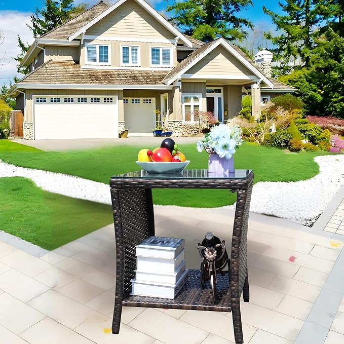 IRONORA Outdoor Wicker Side Table Patio Side Tables for Outside, Tempered Glass Top Wicker Table with Storage End Table for Balcony Porch Deck