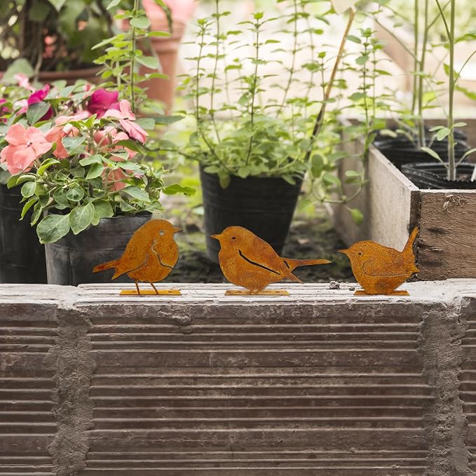 3PCS Rusty Birds Decor, Metal Birds Yard Decor,Rusty Garden Decor | Cute Metal Birds Garden Ornaments Silhouette- Garden Sculptures and Yard Art, Rustic Birds Decoration Outdoor Patio Yard