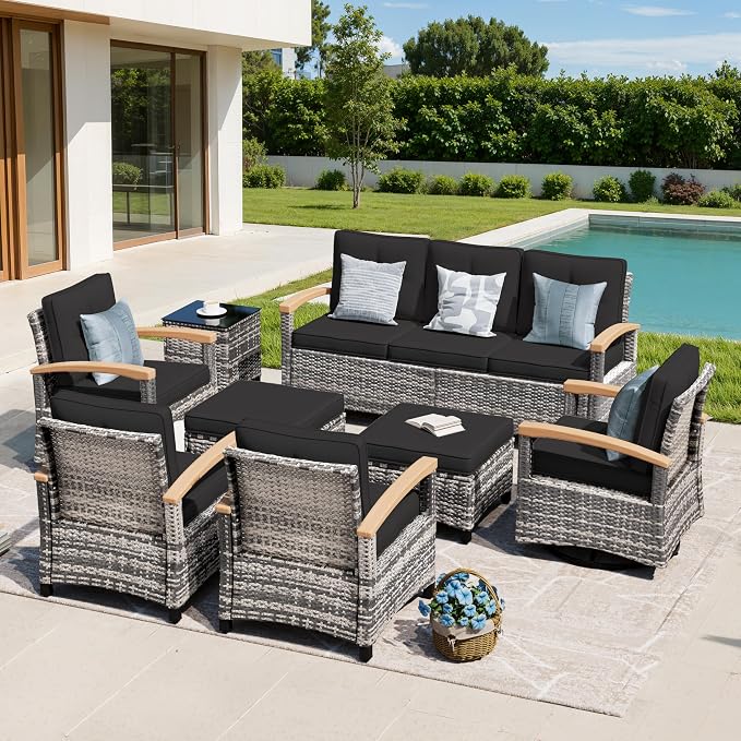 MEISSALIVVE 8 Pieces Outdoor Patio Furniture Sets, Wicker Patio Conversation Sets with 2 Wood Armrests Swivel Glide Chairs,2 Single Chairs, 3-seat Sofa (Black)