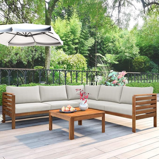 Wood Structure Outdoor Sofa Set, Acacia Wood Conversation Sofa and Table Set with Water-Resistant Cushions, Sectional Sofa Set for Gazebo Garden Balcony Poolside, Beige