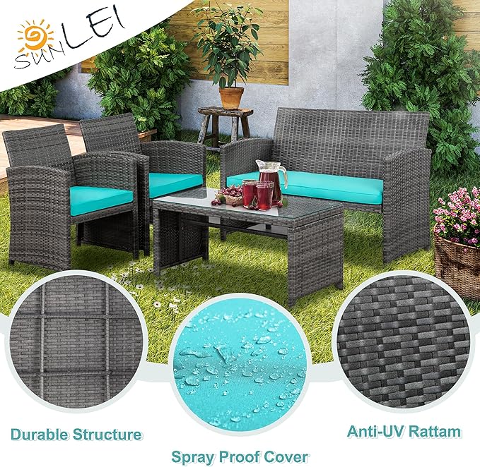 SUNLEI 4-Piece Outdoor Patio Furniture Set, Rattan Chair Wicker Conversation Set, Backyard Porch Garden Poolside Gray Rattan Sofa Set r with Cushion for Outdoor Indoor Use (Sky Blue)
