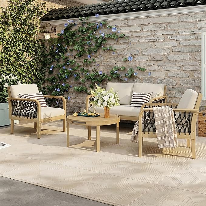 Merax 4-Piece Outdoor Acacia Wood Patio Conversation Set, 2 Club Chairs + Loveseat & Coffee Table with Handwoven Rope & Cushions, Furniture Set for Garden, Balcony, Poolside, Light Teak