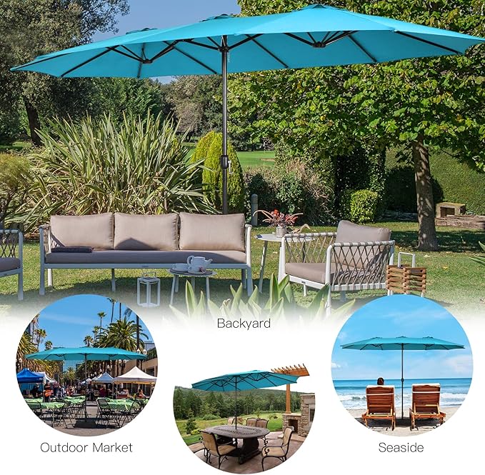 Tangkula 15FT Double-Sided Patio Umbrella with Base, Extra-Large Market Umbrella W/Crank System, Outdoor Twin Umbrella W/ 12-Rib Metal Structure & Air Vents for Garden, Backyard, Poolside (Turquoise)
