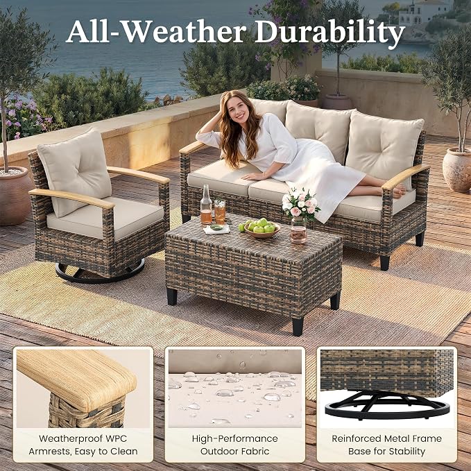 UDPATIO Patio Furniture Set with Swivel Chairs, 6 Pieces Outdoor Wicker Conversation Set with Storage Table for Lawn, Porch, Garden, Backyard, Khaki