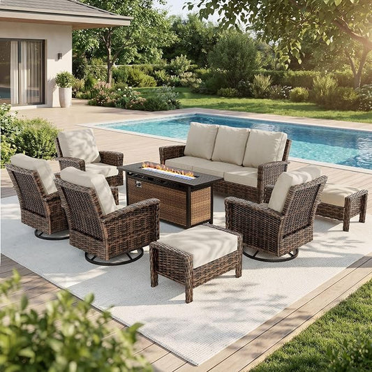 Patio Furniture Set with Swivel Chairs, High Back Wicker Rattan Furniture with 5.5" Thick Cushions, Fire Pit Table and Ottomans, All Weather Outdoor Conversation Set for Backyard Deck,9 Seats, Beige