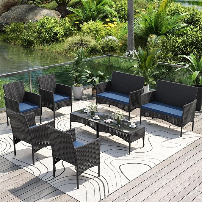 Gotland 8 Pieces Patio Furniture Set, Wicker Outdoor Furniture with 4 Chairs 2 Loveseats 2 Glass Coffee Tables, Weather-Resistant Patio Set, Conversation Set for Backyard Pool Porch Navy