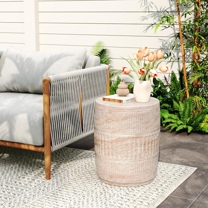 Merax Outdoor Lightweight Concrete Side Table 15" Dx18.5 H Cylinder Round Travertine Indoor Accent Table Weather Resistant End Table for Patio, No Assembly Required, Beige