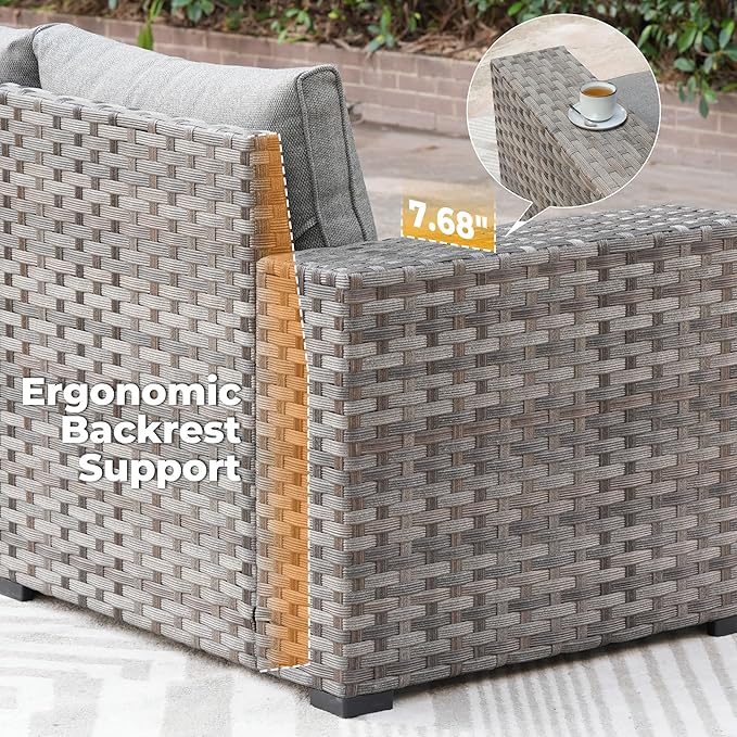 ovios 10 Pieces Patio Furniture Set, Outdoor Wicker Sectional Sofa with 42" Fire Pit Table Swivel Chairs, Modern Modular Deep Seat Rattan Couch Conversation Sets, Dark Grey