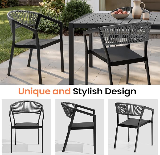 Pellebant Outdoor Patio Dining Chairs, Aluminum Frame with Breathable Twist Wicker Backrest – Stackable for Porch, Lawn & Deck(Gray)