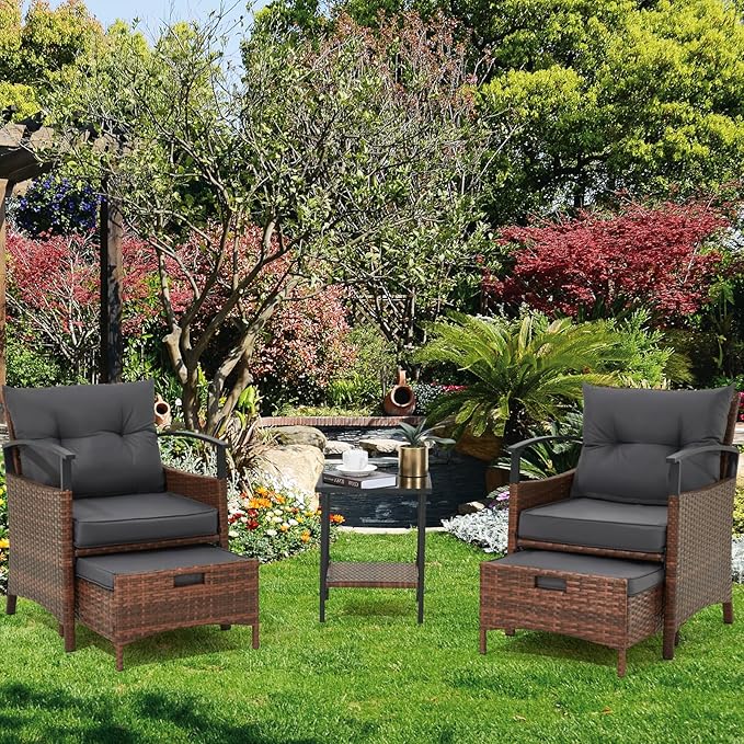 AVAWING 5 Pieces Wicker Patio Conversation Set, Outdoor Rattan Chairs with Ottoman, Metal Coffee Table, & Cushions, Outside Furniture Sets for Garden, Deck, Backyard, Poolside(Dark Grey)