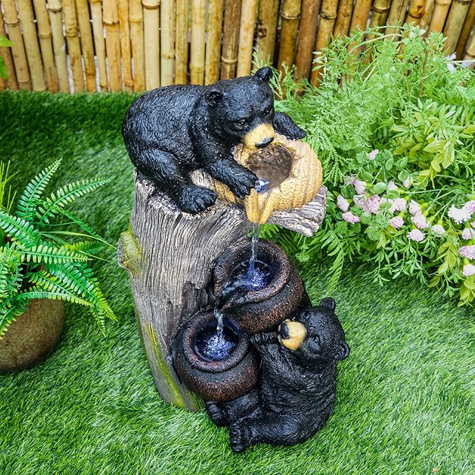 Bear Outdoor Water Fountain with LED Lights Cascading Rustic Log Garden Fountain Resin Waterfall Feature for Patio Backyard Deck Porch Yard Decor 23.6 Inch