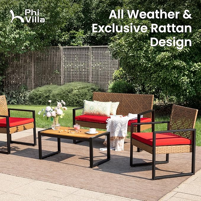 PHI VILLA Patio Wicker Furniture Set for 4, Brown Rattan Loveseat & Chairs with Red Cushions & Acacia Wood Coffee Table, Outdoor Modern Conversation Sofa Set for Deck, Yard, Porch