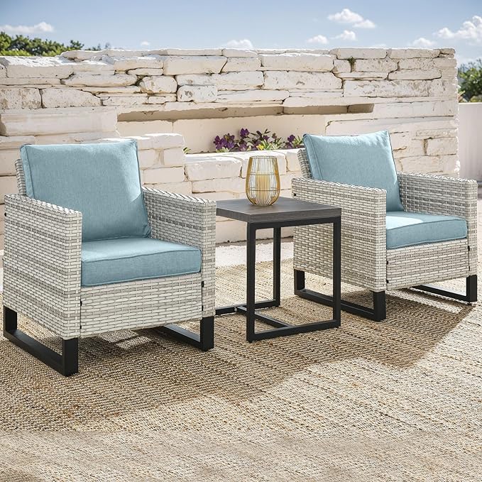 Wicker Outdoor Patio Chairs Set - 3 Piece Rattan Patio Furniture Bistro Chairs Set with Waterproof Wicker,Comfortable Cushions and Sturdy Metal Frame for Porch Deck Backyard(Light Grey/Sky Blue)