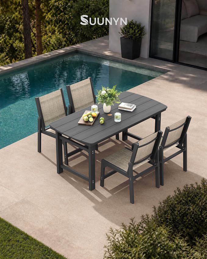 HDPE Outdoor Patio Dining Set with Table & 4 Stackable Armless Textilene Chairs, All-Weather 5-Piece Dining Table Set with Umbrella Hole, Patio Furniture for Garden, Poolside, Backyard, Deck | Grey