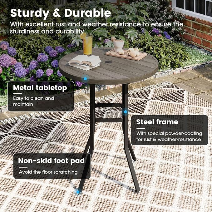 DIFY Patio Bar Height Table, 35.5" Round Outdoor Bistro Table with 1.57" Umbrella Hole for Poolside, Balcony, Pub and Garden, Grey Wood-Like