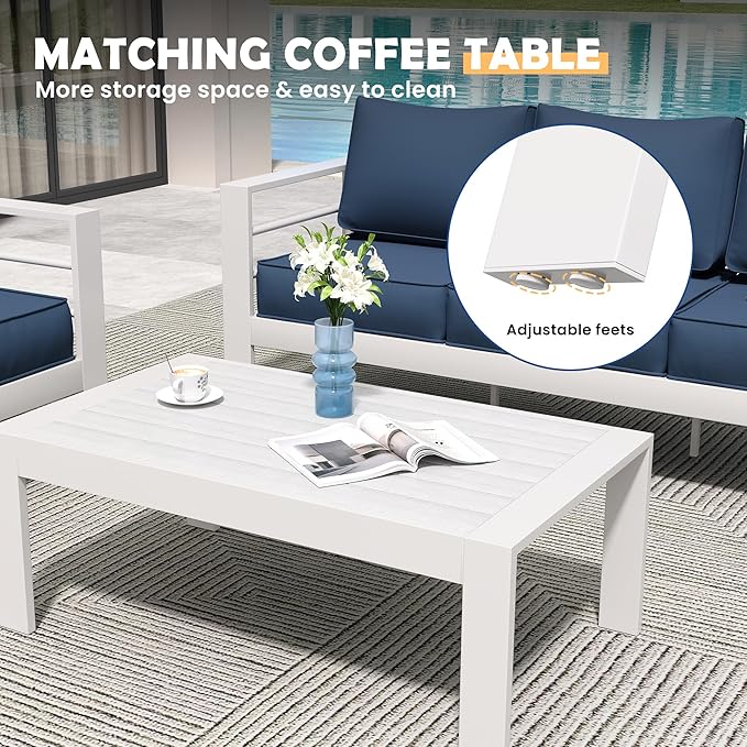 Amopatio Aluminum Patio Furniture Set, 10 Pieces Modern Patio Conversation Sets, Outdoor Sectional Metal Sofa with Coffee Table for Balcony, Garden, White&Blue (Included Waterproof Covers)