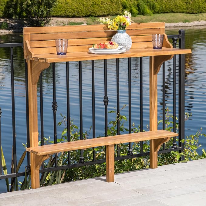 Outdoor Acacia Wood Balcony Bar Table, Rectangle Narrow Counter Outdoor Counter Height Bar Table w/Bottom Shelf, for Balcony, Patio and Small Outside Space