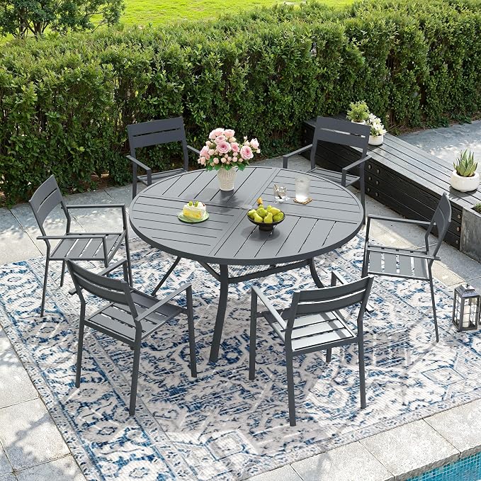DIFY 7 Piece Outdoor Patio Dining Set for 6, 47.2" Round Dining Table with Umbrella Hole and Stackable Metal Chairs, Patio Table and Chairs Set for Backyard Garden Poolside, Grey