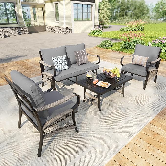 4 Pieces Patio Furniture Set, Metal Outdoor Conversation Sets with Coffee Table, Modern Couch Sofa Set Includes Single Chairs and Loveseat Seating Group (Thick Gray Cushions)