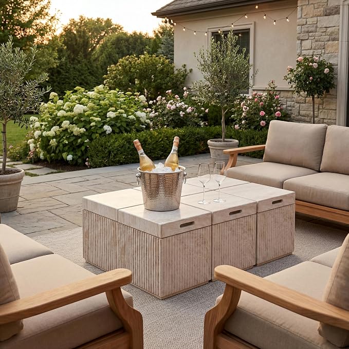 Christopher Knight Home Livia 20.28" Tall Outdoor Square Accent Side Tables Set of 6, Patio Decorative End Tables with Fluted Design, MGO Garden Stool for Patio Balcony & Garden Decor, Travertine