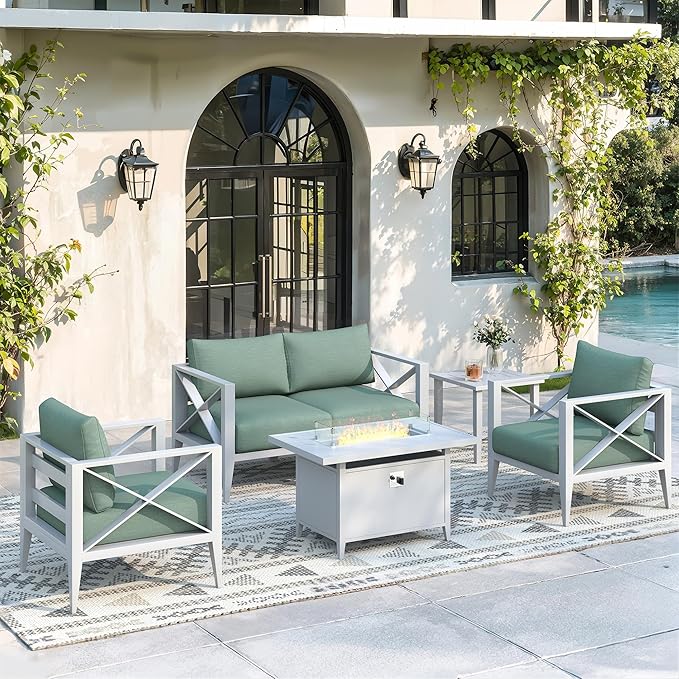Aluminum 4-Seats Outdoor Patio Furniture Set with 43" Fire Pit Table, Sectional Conversation Sofa with 5.2" Thick Cushions & Coffee Table, Rust-Resistant Frame Seating Sofa for Porch, Backyard, White