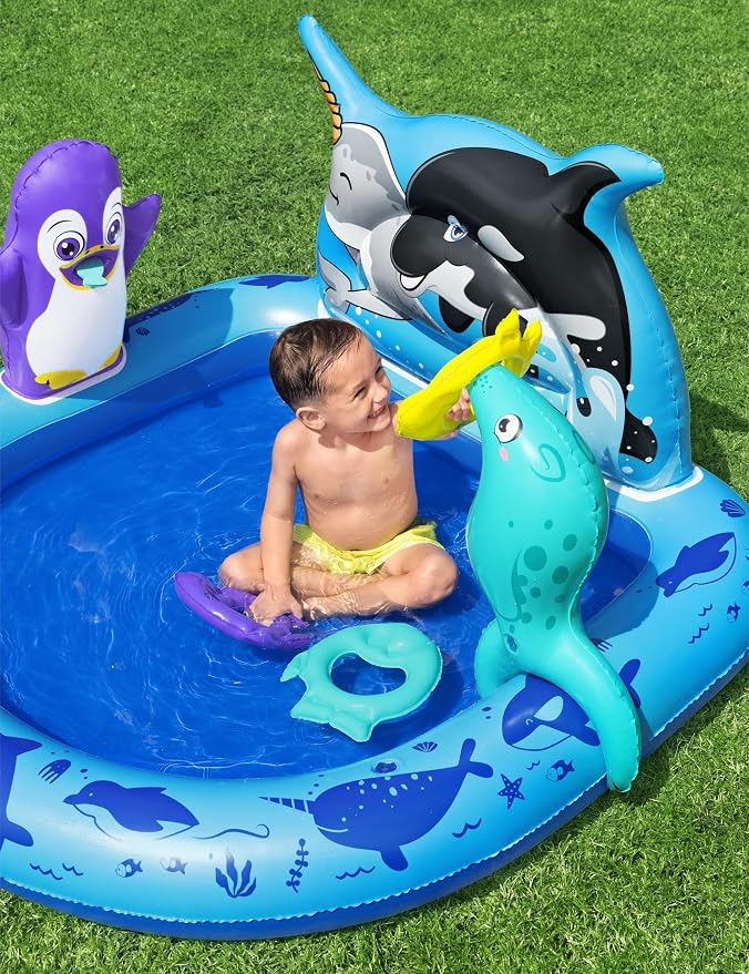 H2OGO! Polar Pals Inflatable Water Play Center, 53" x 51.5" x 28.5" Kids Outdoor Activity Center with Ring Toss Games, & Splash Pool