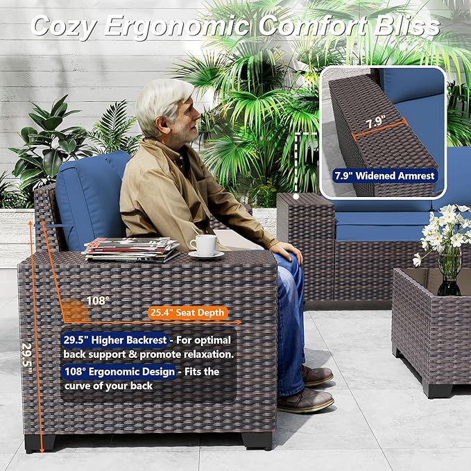 Outdoor Patio Furniture Set with Gas Fire Pit Table, 7 Pieces Patio Furniture Set Outdoor Sectional Sofa w/43in Propane Fire Pit, PE Wicker Rattan Patio Conversation Set - Dark Blue