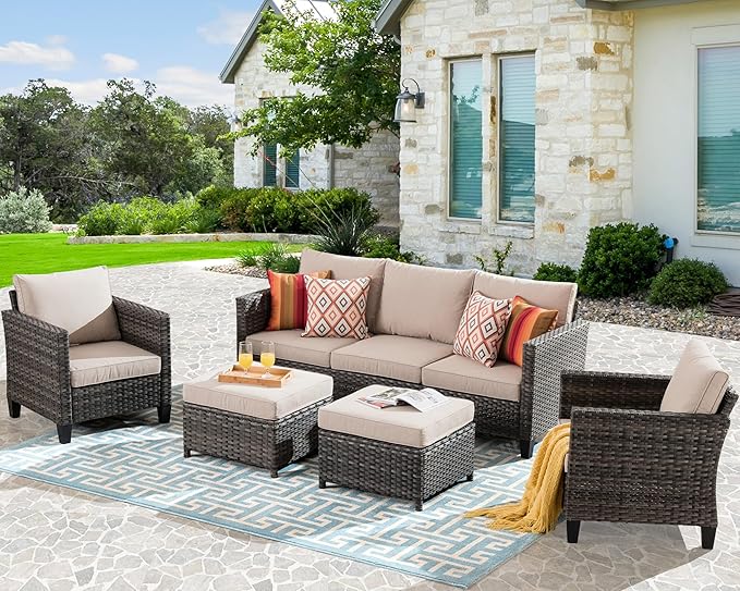 HOOOWOOO Patio Conversation Sets,5 Piece Wicker Outdoor Furniture Set with Ottoman,All Weather Resistant Modern Outside Out Door Rattan Couch Chairs Set,Beige