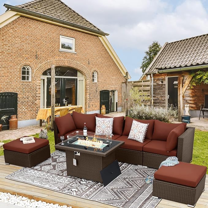 BULEXYARD 7 Pcs High Back Patio Furniture Set with Fire Pit Table Propane/Natural Gas Dual Fuel, Heavy Duty Outdoor Sectional Couch, Big Cozy Backyard Seating for Exterior, Brown Wicker & Red Cushion
