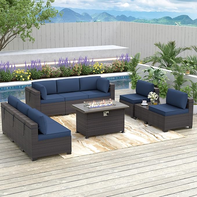 Patio Furniture Sectional Sofa 10PCS PE Rattan Patio Conversation Set w/43in Gas Fire Pit Table, Patio Outdoor Furniture with 4 Inch Thickened Cushions and Glass Coffee Tables, Navy Blue