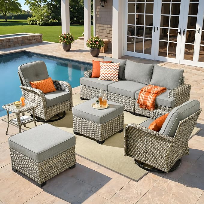 8 Pcs Outdoor Sectional Patio Furniture Set with Swivel Rocking Chair and Ottomans - All Weather Wicker Outside Sectional Couch,Patio Seating Outdoor Conversation Sets for Deck Yard Garden,Dark Grey