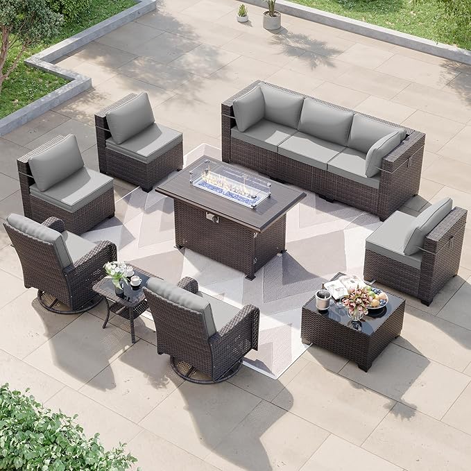 Patio Furniture Sectional Sofa Set 11PCS PE Rattan Swivel Rocking Chairs Patio Sofa Set, Outdoor Furniture Patio Conversation Set with 43in Propane Fire Pit and Coffee Table, Grey