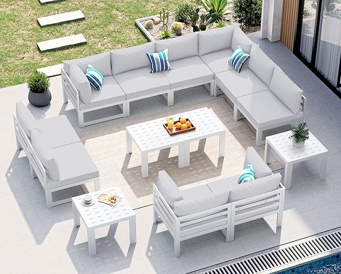 NICESOUL 14 Pcs Extra Large Modern Aluminum Outdoor Sofa with Coffee Table, 29" Deep Wide Seat, 500 lbs Durable Sectional Set for Heavy People,High End Patio Furniture Set for Backyard, Light Gray