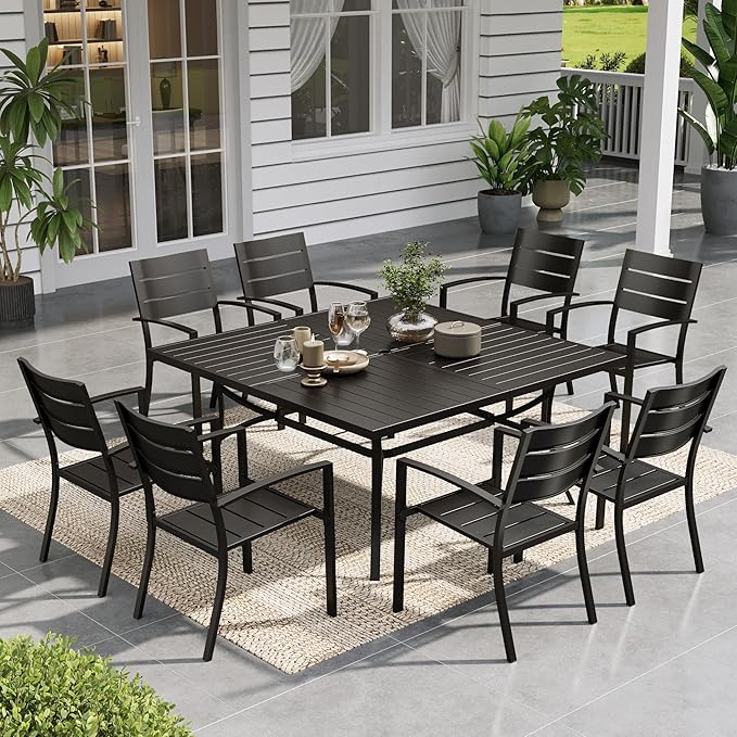 Sophia & William Patio Table and Chairs Set, Outdoor Dining Set for 8, 9 Piece Metal Patio Furniture, 60" Black Square Table